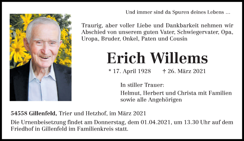  Traueranzeige für Erich Willems vom 29.03.2021 aus trierischer_volksfreund