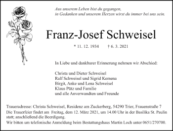 Traueranzeige von Franz-Josef Schweisel von trierischer_volksfreund