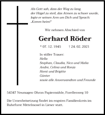 Traueranzeige von Gerhard Röder von trierischer_volksfreund