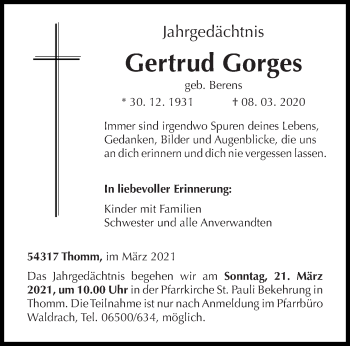 Traueranzeige von Gertrud Gorges von trierischer_volksfreund