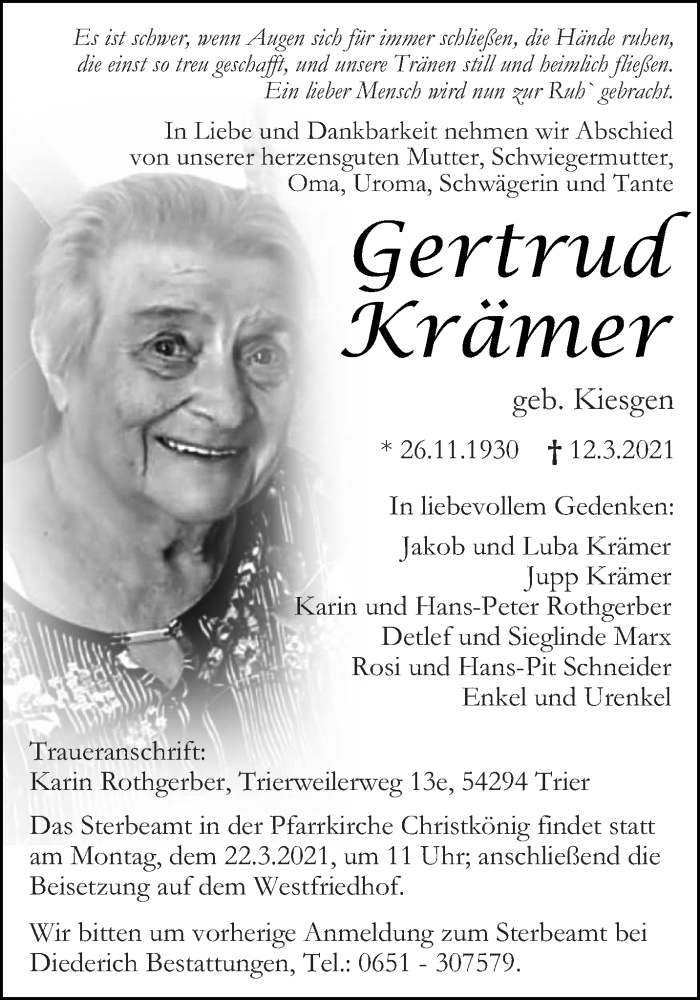  Traueranzeige für Gertrud Krämer vom 17.03.2021 aus trierischer_volksfreund