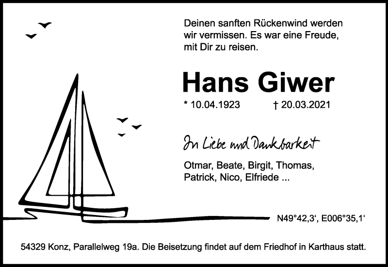  Traueranzeige für Hans Giwer vom 27.03.2021 aus trierischer_volksfreund