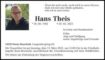 Traueranzeige von Hans Theis von trierischer_volksfreund