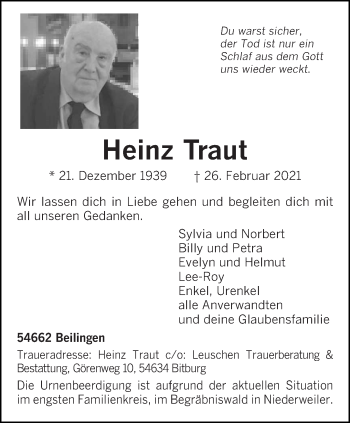 Traueranzeige von Heinz Traut von trierischer_volksfreund