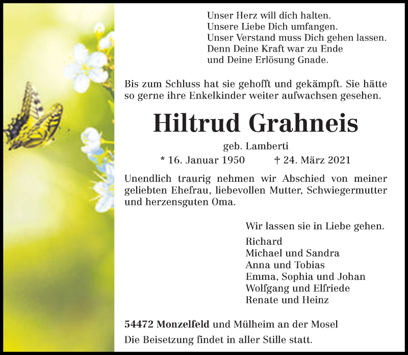  Traueranzeige für Hiltrud Grahneis vom 27.03.2021 aus trierischer_volksfreund