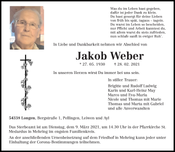 Traueranzeige von Jakob Weber von trierischer_volksfreund