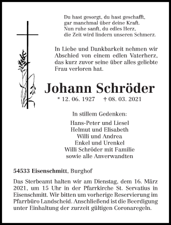 Traueranzeige von Johann Schröder von trierischer_volksfreund