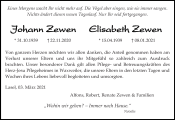 Traueranzeige von Johann und Elisabeth Zewen von trierischer_volksfreund