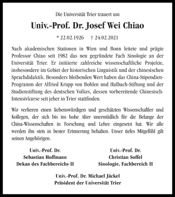 Traueranzeige von Josef Wei Chiao von trierischer_volksfreund