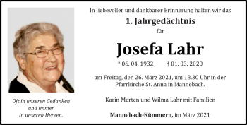 Traueranzeige von Josefa Lahr von trierischer_volksfreund