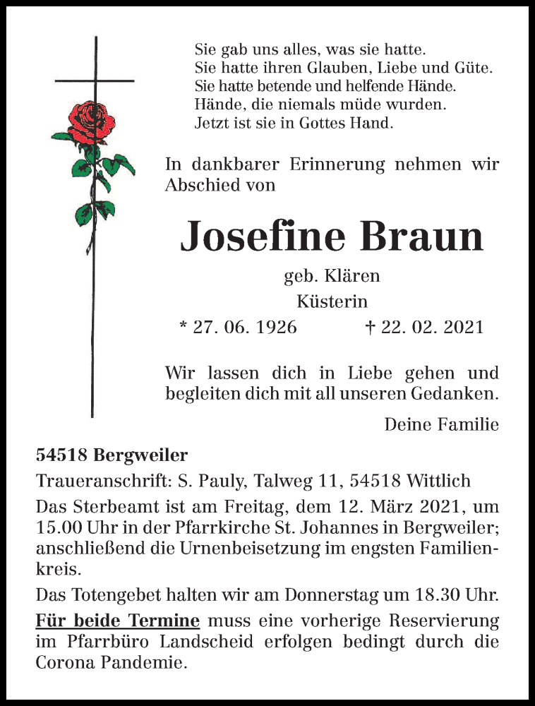  Traueranzeige für Josefine Braun vom 06.03.2021 aus trierischer_volksfreund