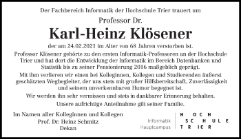 Traueranzeige von Karl-Heinz Klösener von trierischer_volksfreund