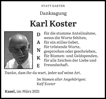 Traueranzeige von Karl Koster von trierischer_volksfreund