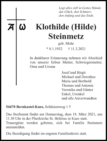 Traueranzeige von Klothilde Steinmetz von trierischer_volksfreund
