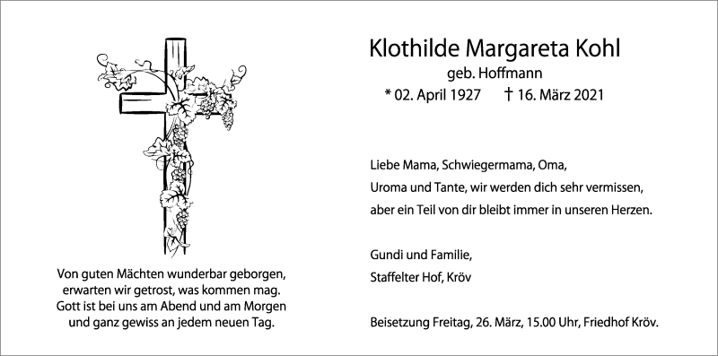  Traueranzeige für Klothilde Margareta Kohl vom 20.03.2021 aus trierischer_volksfreund
