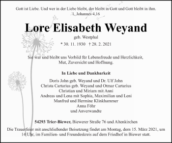 Traueranzeige von Lore Elisabeth Weyand von trierischer_volksfreund