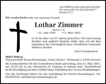 Traueranzeige von Lothar Zimmer von trierischer_volksfreund
