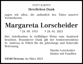 Traueranzeige von Margareta Lorscheider von trierischer_volksfreund