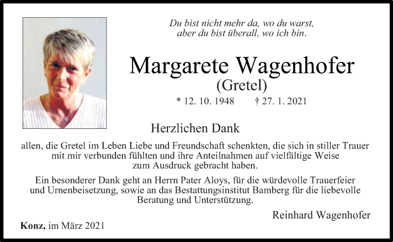  Traueranzeige für Margarete Wagenhofer vom 06.03.2021 aus trierischer_volksfreund