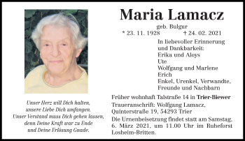 Traueranzeige von Maria Lamacz von trierischer_volksfreund