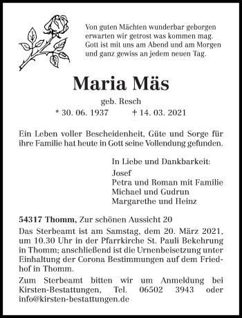 Traueranzeige von Maria Mäs von trierischer_volksfreund