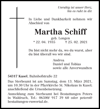 Traueranzeige von Martha Schiff von trierischer_volksfreund