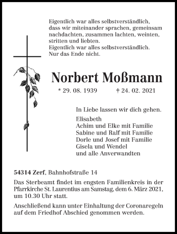 Traueranzeige von Norbert Moßmann von trierischer_volksfreund