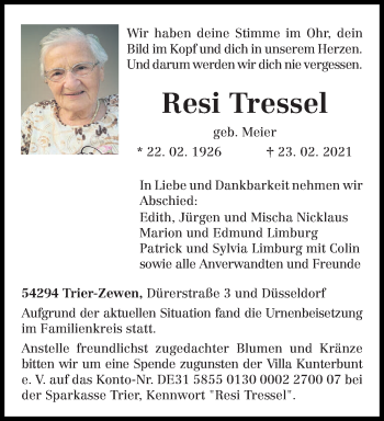 Traueranzeige von Resi Tressel von trierischer_volksfreund