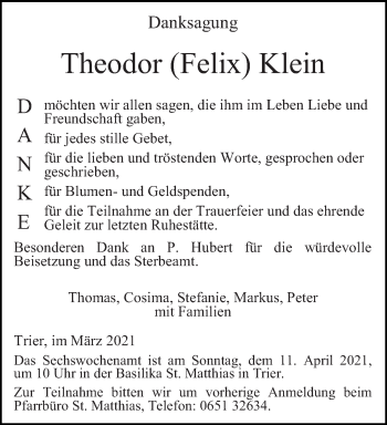 Traueranzeige von Theodor Felix Klein von trierischer_volksfreund