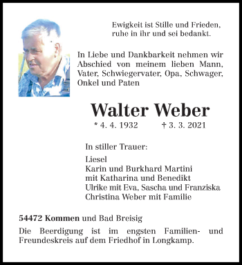 Traueranzeige von Walter Weber von trierischer_volksfreund