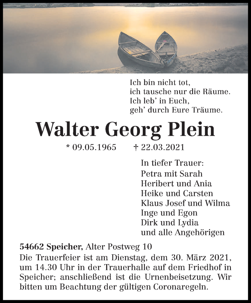  Traueranzeige für Walter Georg Plein vom 27.03.2021 aus trierischer_volksfreund