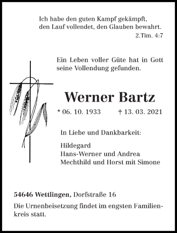 Traueranzeige von Werner Bartz von trierischer_volksfreund