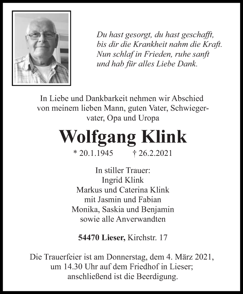 Traueranzeige für Wolfgang Klink vom 01.03.2021 aus trierischer_volksfreund