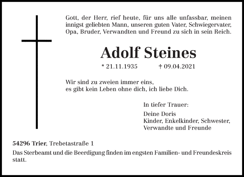  Traueranzeige für Adolf Steines vom 14.04.2021 aus trierischer_volksfreund