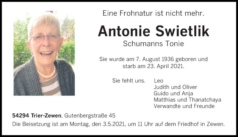  Traueranzeige für Antonie Swietlik vom 28.04.2021 aus trierischer_volksfreund