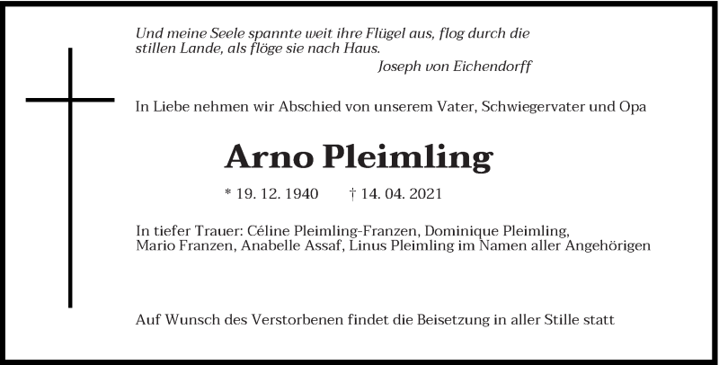  Traueranzeige für Arno Pleimling vom 16.04.2021 aus trierischer_volksfreund