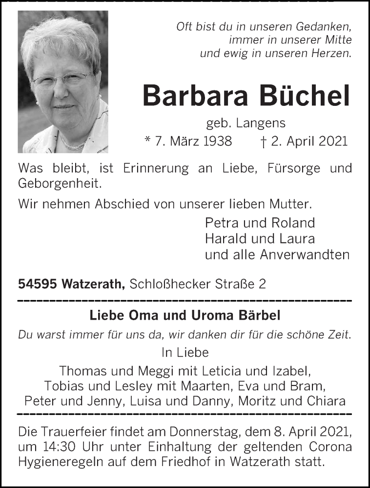  Traueranzeige für Barbara Büchel vom 06.04.2021 aus trierischer_volksfreund