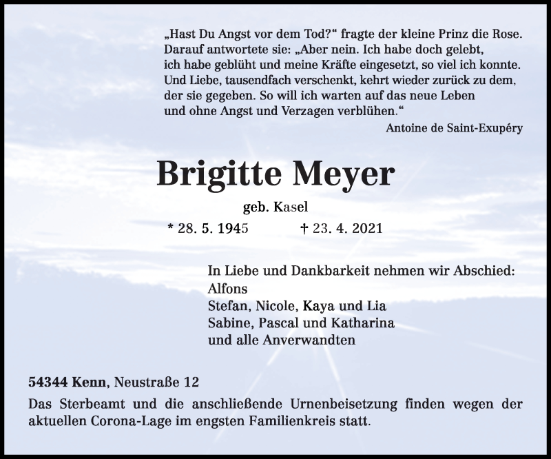  Traueranzeige für Brigitte Meyer vom 27.04.2021 aus trierischer_volksfreund