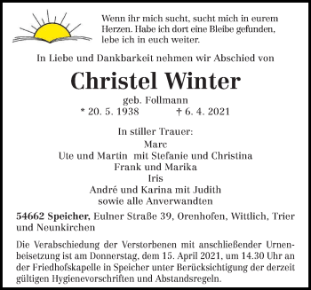Traueranzeige von Christel Winter von trierischer_volksfreund