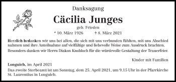 Traueranzeige von Cäcilia Junges von trierischer_volksfreund