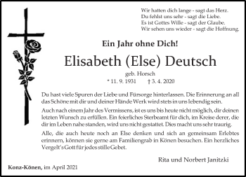 Traueranzeige von Elisabeth Deutsch von trierischer_volksfreund