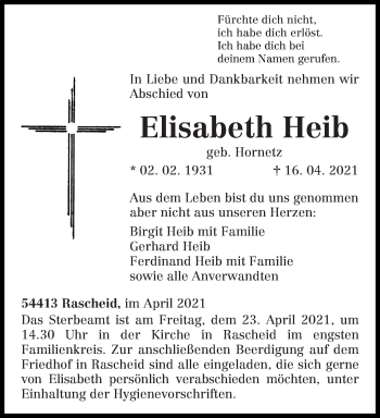 Traueranzeige von Elisabeth Heib von trierischer_volksfreund