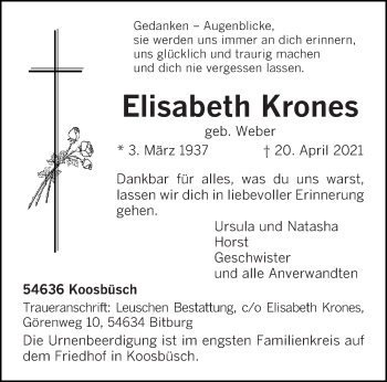 Traueranzeige von Elisabeth Krones von trierischer_volksfreund