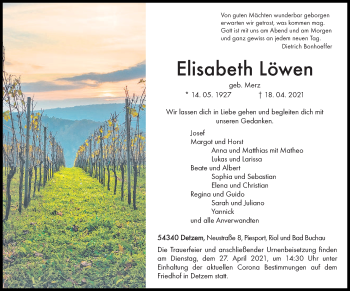 Traueranzeige von Elisabeth Löwen von trierischer_volksfreund