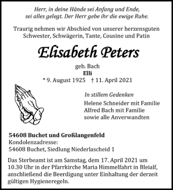 Traueranzeige von Elisabeth Peters von trierischer_volksfreund