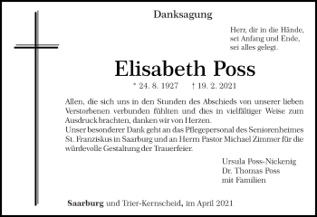Traueranzeige von Elisabeth Poss von trierischer_volksfreund