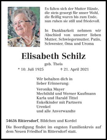 Traueranzeige von Elisabeth Schilz von trierischer_volksfreund