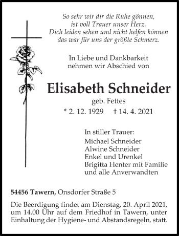 Traueranzeige von Elisabeth Schneider von trierischer_volksfreund