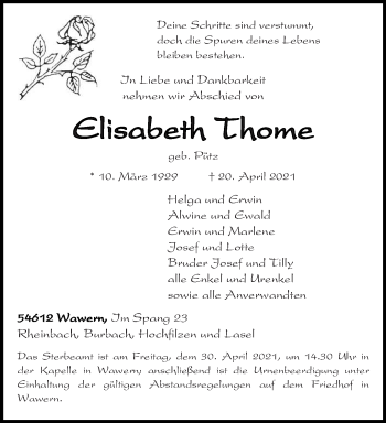 Traueranzeige von Elisabeth Thome von trierischer_volksfreund