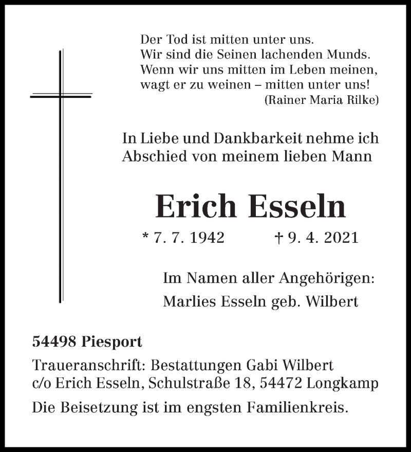  Traueranzeige für Erich Esseln vom 14.04.2021 aus trierischer_volksfreund